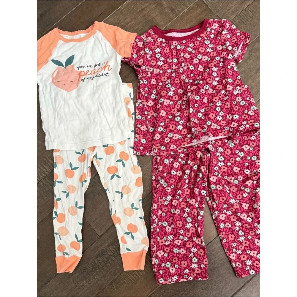 Kids Peach & Floral Pajama Set - Pink/Peach Matching PJs Toddler Girls 3T Lot